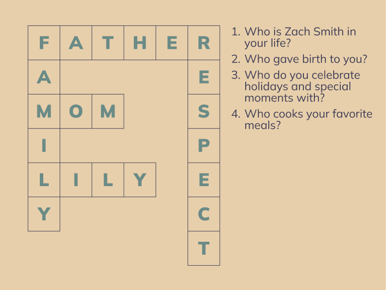 Personalized crossword puzzle with large print clues based on family memories for seniors with dementia
